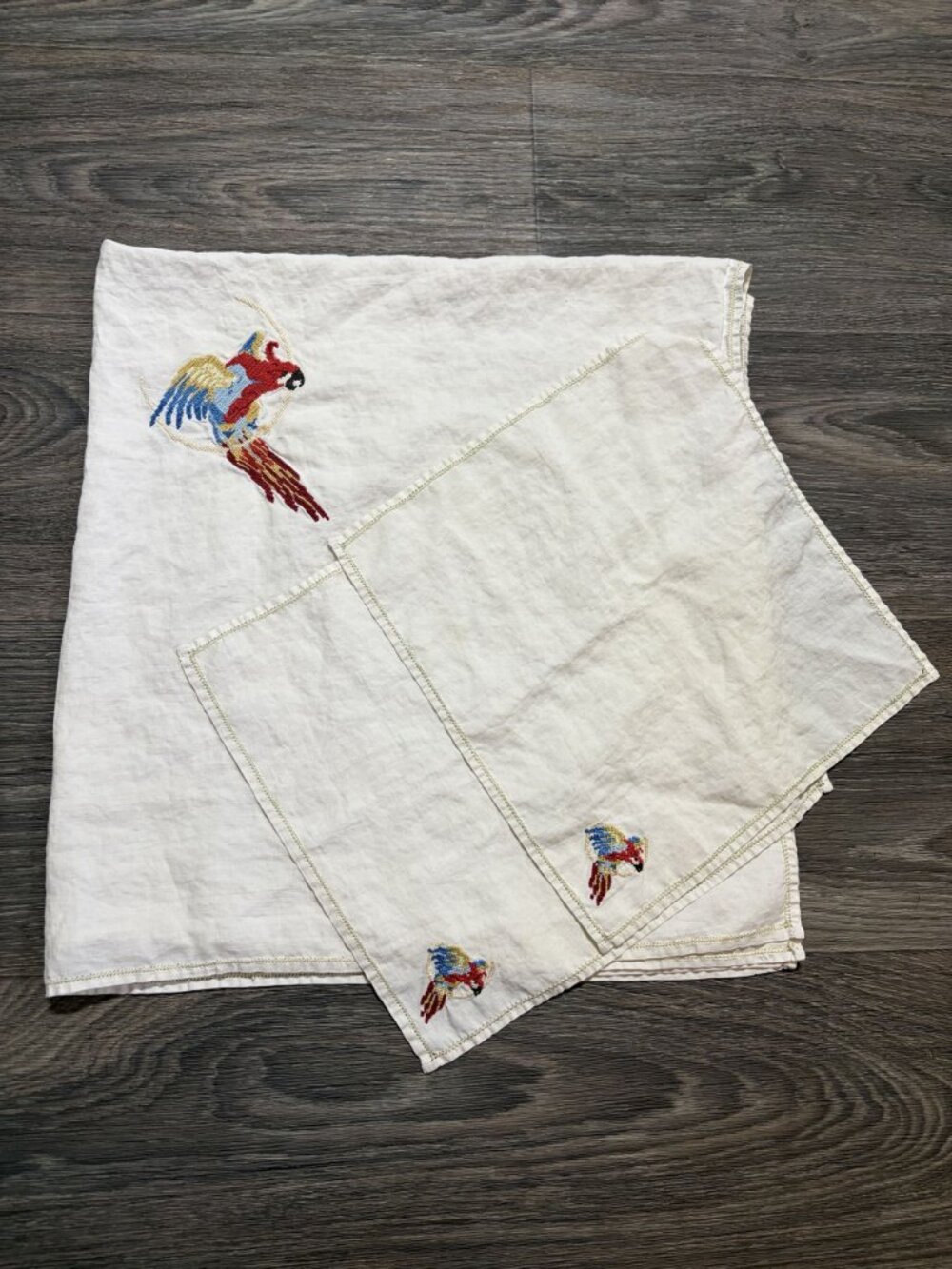 Hand Embroidered Cross-Stitch Parrot Linen Set Tablecloth Napkin Tropical Beach